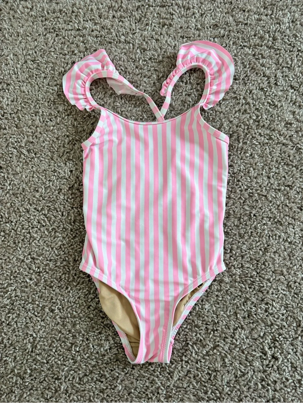 Old Navy Toddler Girls Pink White Stripe Ruffle Cross Back Swimsuit 3T